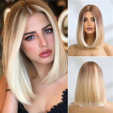 Wig Hair Synthetic Natural Looking Blonde Mix Blonde Bob Wig Straight Hairstyles Medium