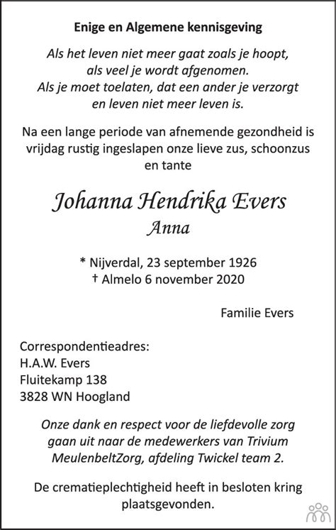 Johanna Hendrika Anna Evers Overlijdensbericht En