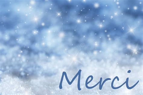 Blue Sparkling Christmas Background Snow Merci Means Thank You Stock