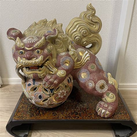 Yahooオークション F362 九谷焼 八幡窯 須栄義 双仙作 金彩赤絵玉獅