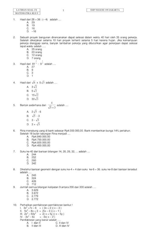 Pdf Latihan Soal Us Smp Negeri Jakarta Matematika Kls Pdf