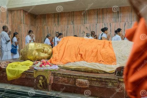 Golden Head of Reclining Buddha Statue on the Side of Parinirvana Temple in Kushinagar ...