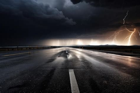 Asfalto Molhado Durante Uma Tempestade Com Raios E Trovões Ao Fundo