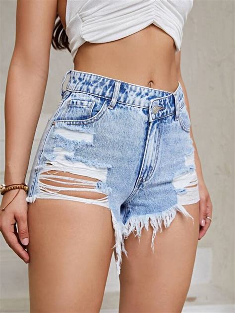 SHEIN EZwear Ripped Raw Hem Denim Shorts SHEIN USA