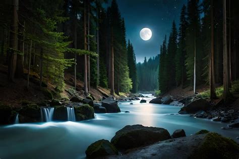 La luna llena brilla sobre un río en el bosque Foto Premium