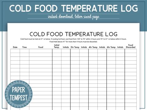 Printable Cold Food Temperature Log Cold Food Holding Temperature