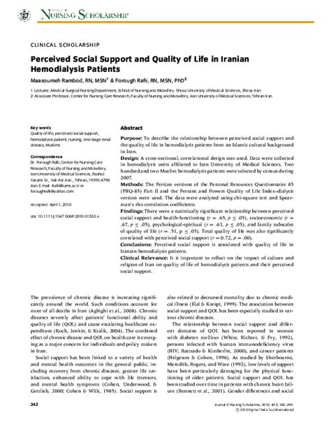 Pdf Perceived Social Support And Quality Of Life In Iranian Hemodialysis Patients Forough