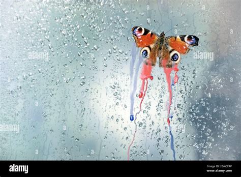 Peacock butterfly (Aglais io) with bleeding wing colors on a rain wet window pane, metaphor for ...