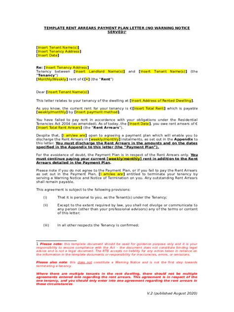 Template Rent Arrears Payment Plan Letter No Warning Notice Served 1 Doc Template Pdffiller