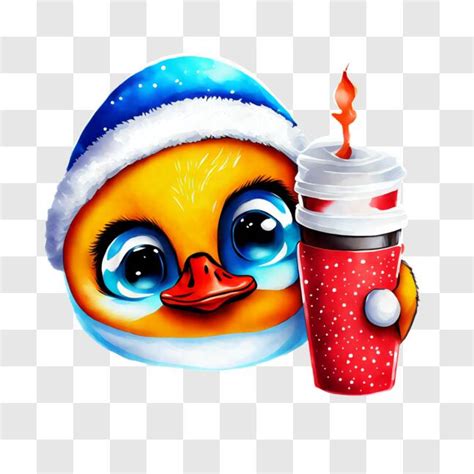 Baixe Pato de Desenho Animado Chapéu de Papai Noel e Café Gelado ou