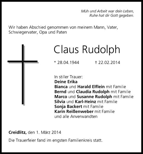 Claus Rudolph Traueranzeige Trauer InFranken De