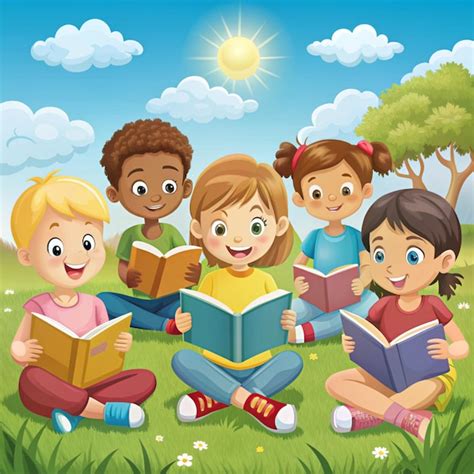 Young Children Reading Books in a Beautiful Weather Cartoon | Premium ...