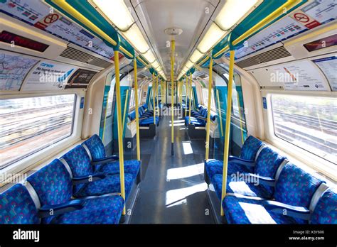 The interior of a London Underground Jubilee line train carriage ...