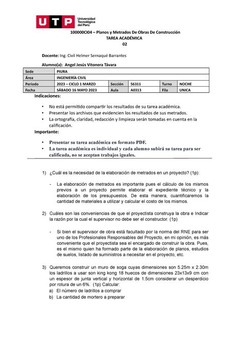 Practica 02 Pc 2 100000CI04 Planos Y Metrados De Obras De