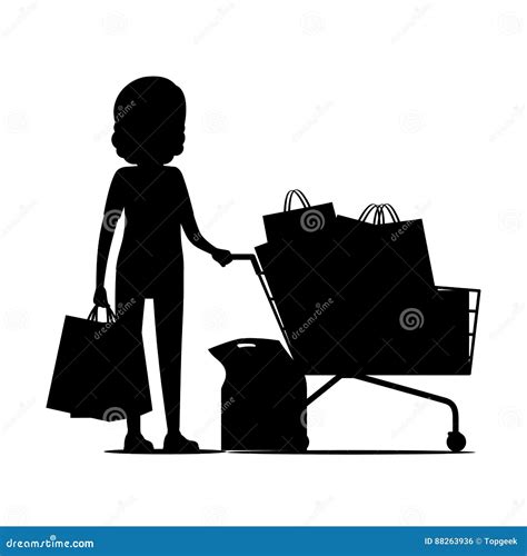 Female Silhouette With Packages Near Shopping Cart Stock Vector