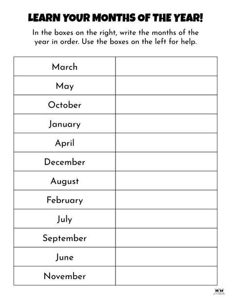 Printable Month Of Year Worksheet