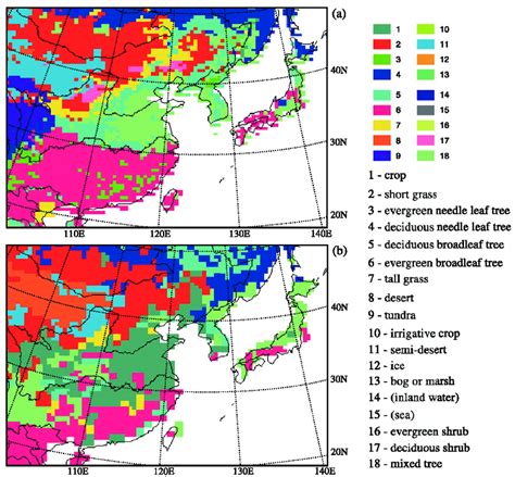 Vegetation covers over East Asia (a) potential vegetation and (b ...