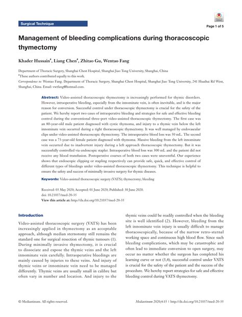 (PDF) Management of bleeding complications during thoracoscopic thymectomy