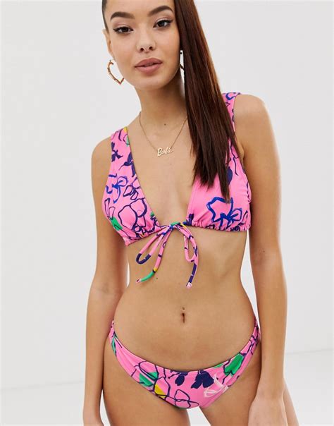 Asos Design Recycled Deep Plunge Crop Bikini Top In Pink Outline Floral