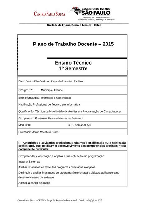 Pdf Plano De Trabalho Docente Ensino T Cnico