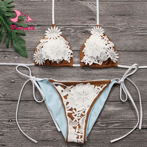 Pacento Sexy Strings Lace Bikinis Set With Flowers Solid White Black