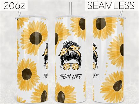 Seamless Sublimation Tumbler Design Sunflower Mom Life Messy Mom Bun