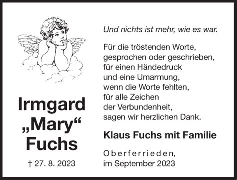 Traueranzeigen Von Irmgard Fuchs Gemeinsamtrauern N Land