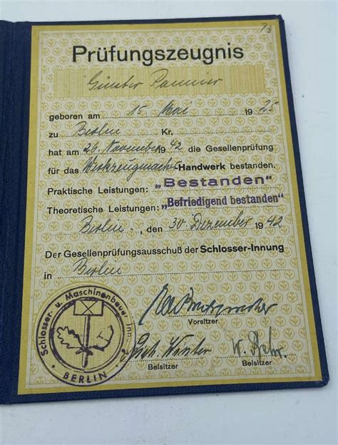 Ww German Lehrbrief Pr Fungszeugnis Apprenticeship Certificate