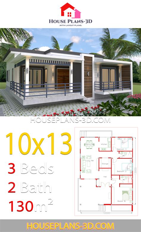 House design 10x13 with 3 Bedrooms Terrace roof - House Plans 3D