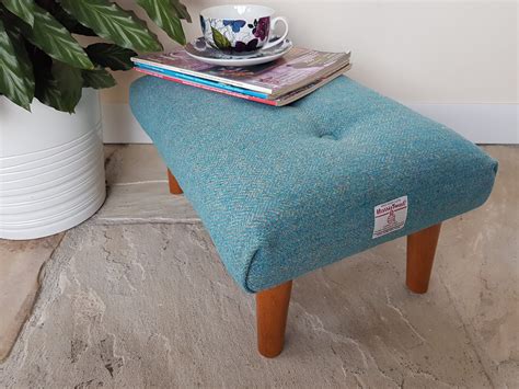 Turquoise Harris Tweed Footstool Bluegrey Herringbone Tweed Etsy