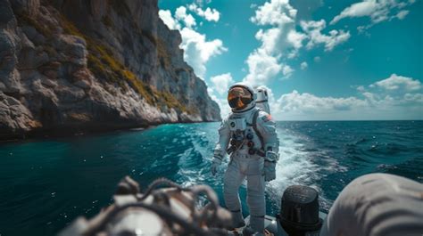 スペーススーツを着た宇宙飛行士が人間の日常的な活動をしている肖像画 無料の写真