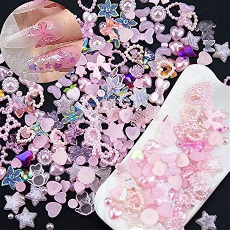 300pcs Assorted Pink Pearl Nail Charms Acrylic Multi Shapes