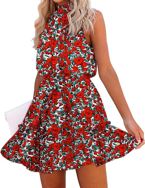 Btfbm Women Floral Dresses Casual Summer Sleeveless Halter Neck Ruffle Belt Boho Polka Dot