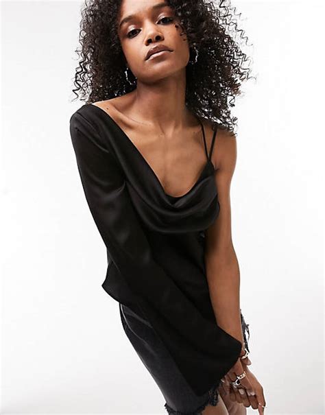 Topshop Satin Cowl Neck One Shoulder Top In Black Asos