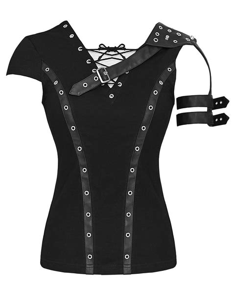 Punk Rave Top Womens T Shirt Black Goth Dieselpunk Leather Shoulder Armour Tee Ebay Punk