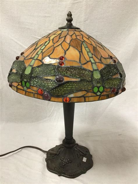 Sold Price Vintage Composite Stained Glass Tiffany Style Dragonfly Table Lamp With Cast Base