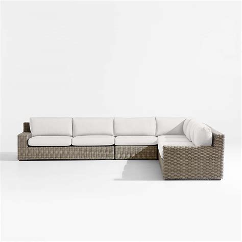 Abaco Resin Wicker 5 Piece L Shaped Outdoor Sectional Sofa With White Sand Sunbrella Cushions