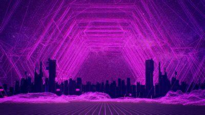 Retro City Skyline Neon Glowing Sun And Starry Sky Synthwave Posters