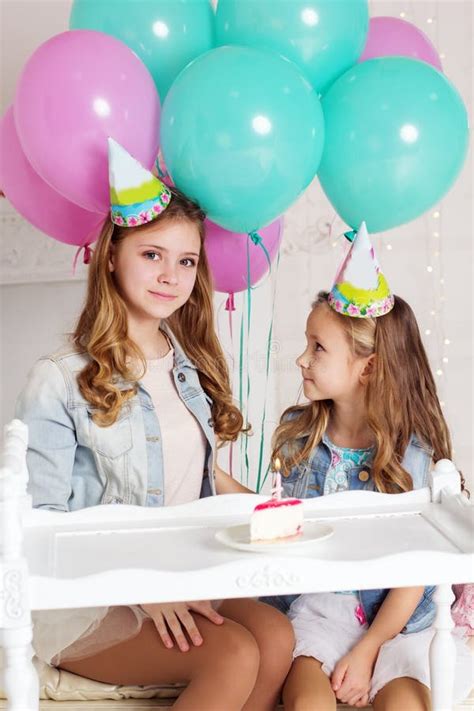 Two Cute Girls with Birthday Cake and Balloons Stock Image - Image of enjoy, birthday: 68102285