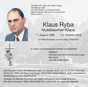 Traueranzeigen Von Klaus Ryba Trauer Bz