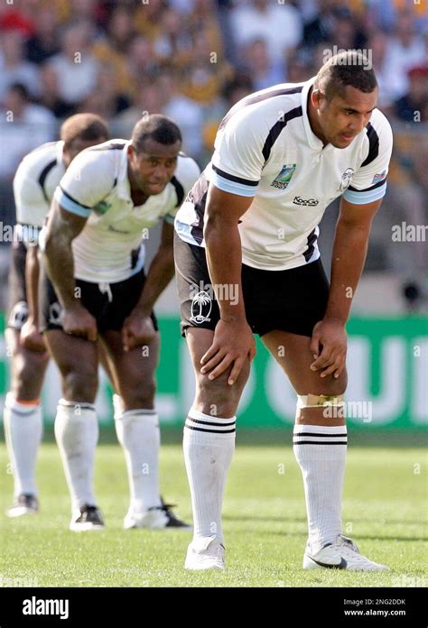 Fiji Players Catch Their Breath During The Rugby World Cup Group B