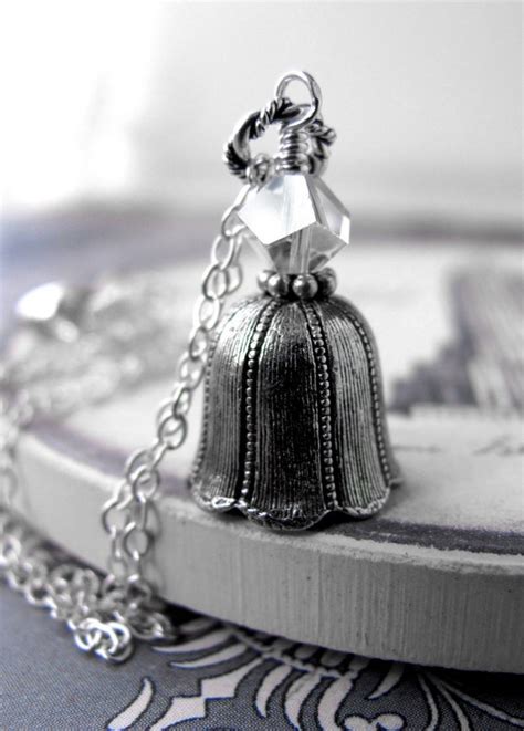 Antiqued Silver Bell Necklace Clear Crystal Sterling Silver