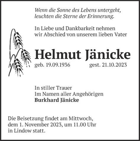 Traueranzeigen von Helmut Jänicke Märkische Onlinezeitung Trauerportal