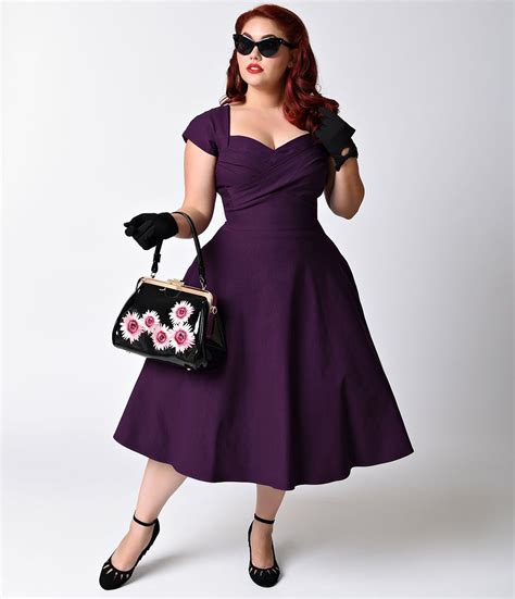 Plus Size Retro Dresses Stop Staring Plus Size Mad Style Eggplant Cap Sleeve Swing Dress Plus