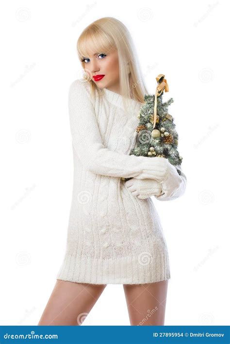Pretty Blonde Woman Holding Small Christmas Tree Stock Photo Image Of Celebration Festive