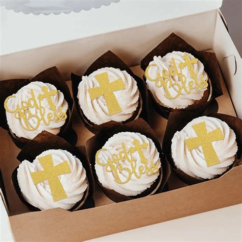 Pcs God Bless Cross Cupcake Toppers Glitter Gold Baptism