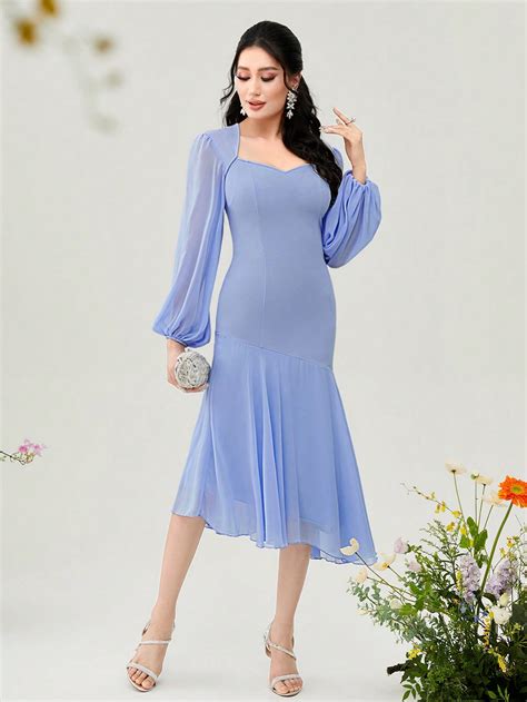 Shein Modely Sweetheart Neck Lantern Sleeve Mermaid Hem Dress Shein Usa