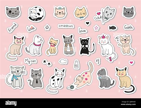 Set Stickers With Cats Hand Drawn Vector Doodle Drawings Cute Cats