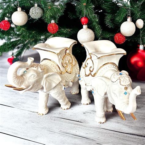 Vtg Lenox Ivory Porcelain Elephant Candle Holders Bejeweled 24k Gold
