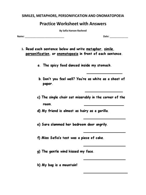 Practice Worksheet With Answers Similes Metaphors Worksheets Library